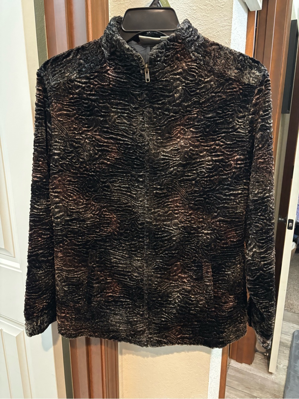 Chico's Black and Brown faux chenille Textured Teddy Zip Jacket